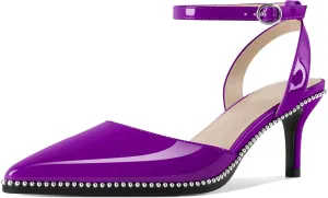 SAMMITOP Womens Slingback Kitten Heels Pointed Toe Low Heel Ankle Strap Pumps Slip On Comfortable Wedding Party Beaded Dress Shoes 2.4 Inch