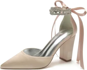 Sandal Satin Bridal Pointed Toe 9CM Block Heel Women's Ankle Strap Rhinestones Wedding Elegant Shoes Formal Pump Bowknot Strap,Champagne,8.5
