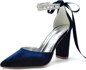 Sandal Satin Bridal Pointed Toe 9CM Block Heel Women's Ankle Strap Rhinestones Wedding Elegant Shoes Formal Pump Bowknot Strap,Dark Blue,11