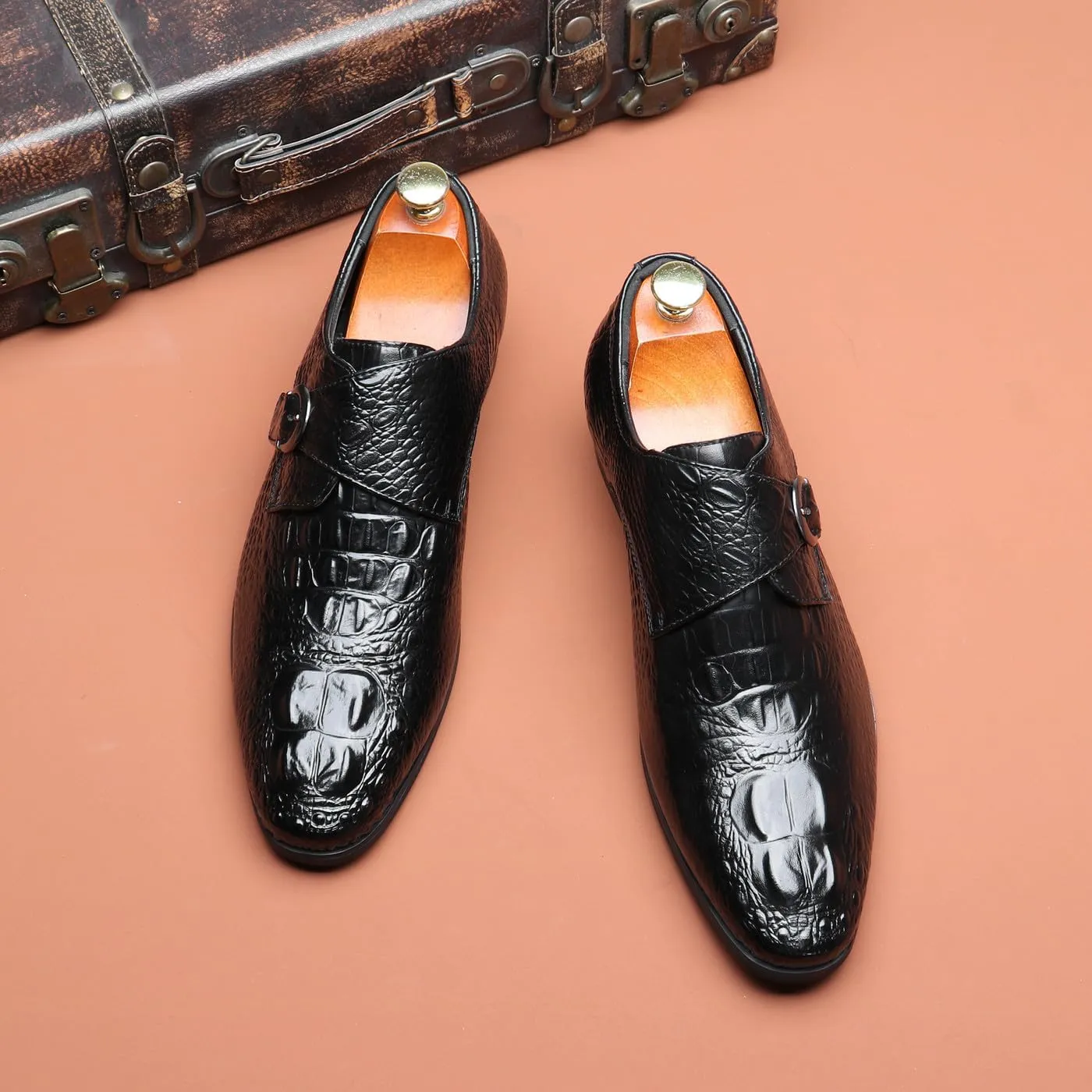 Santimon Men's Alligator Pattern Leather Buckle Monk Strap Loafers Formal Dress Shoes for Men