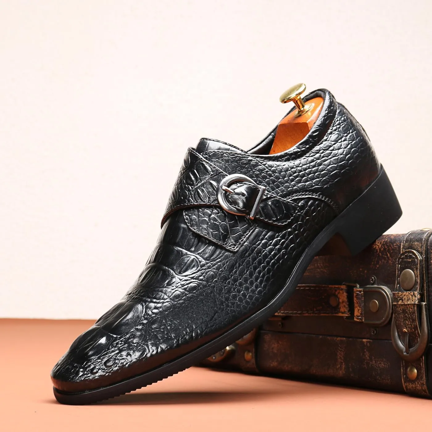 Santimon Men's Alligator Pattern Leather Buckle Monk Strap Loafers Formal Dress Shoes for Men