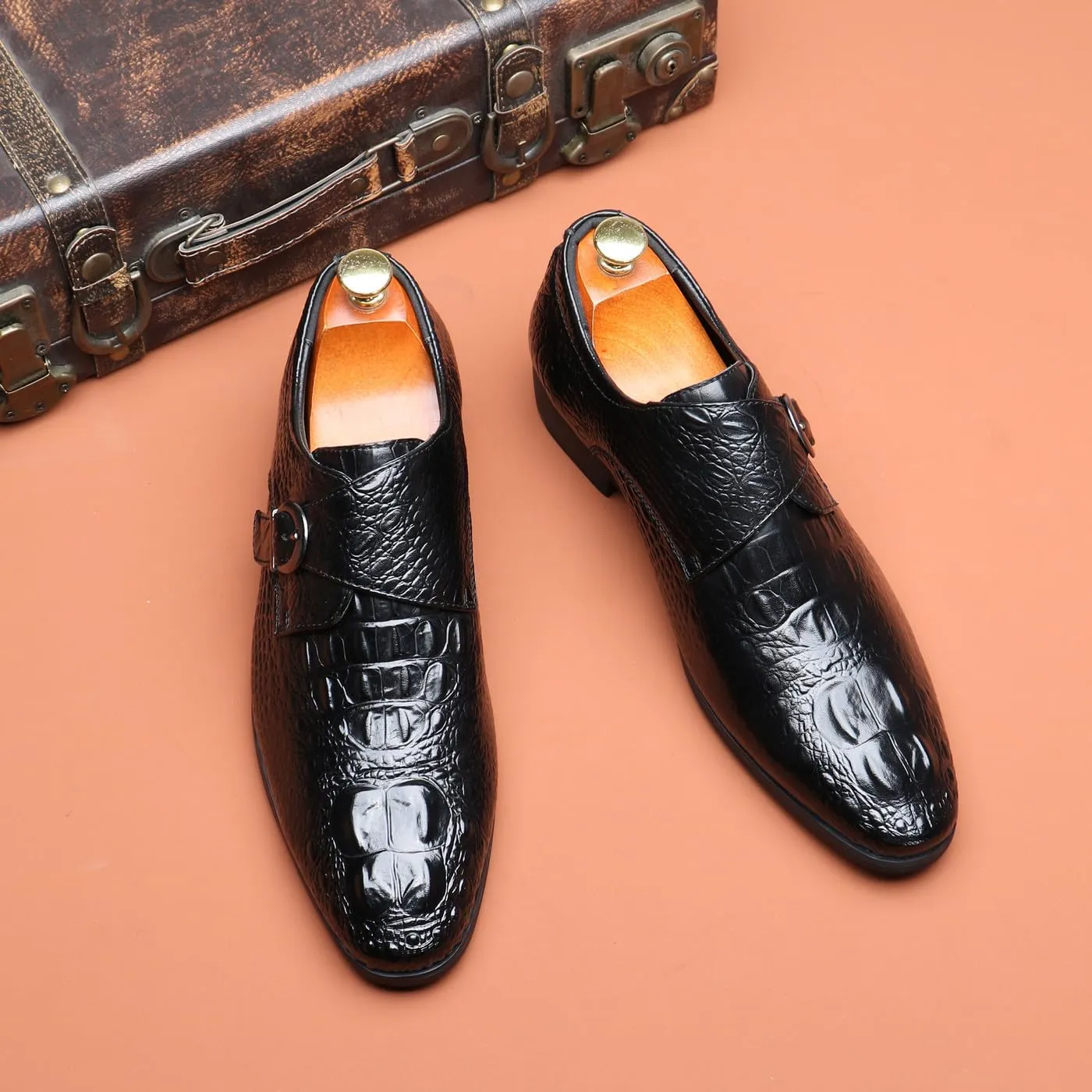 Santimon Men's Alligator Pattern Leather Buckle Monk Strap Loafers Formal Dress Shoes for Men