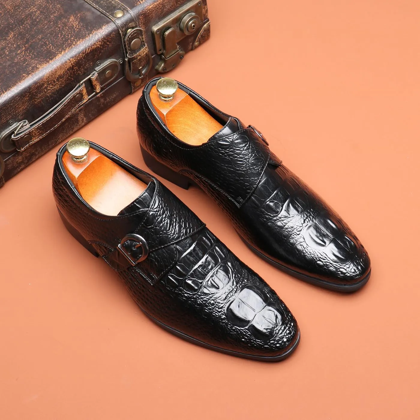 Santimon Men's Alligator Pattern Leather Buckle Monk Strap Loafers Formal Dress Shoes for Men