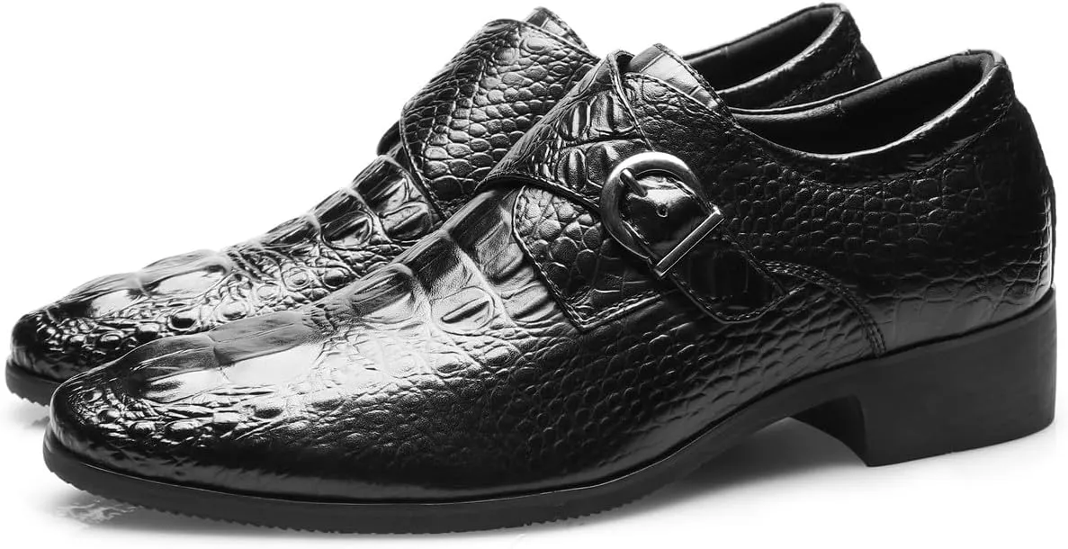 Santimon Men's Alligator Pattern Leather Buckle Monk Strap Loafers Formal Dress Shoes for Men