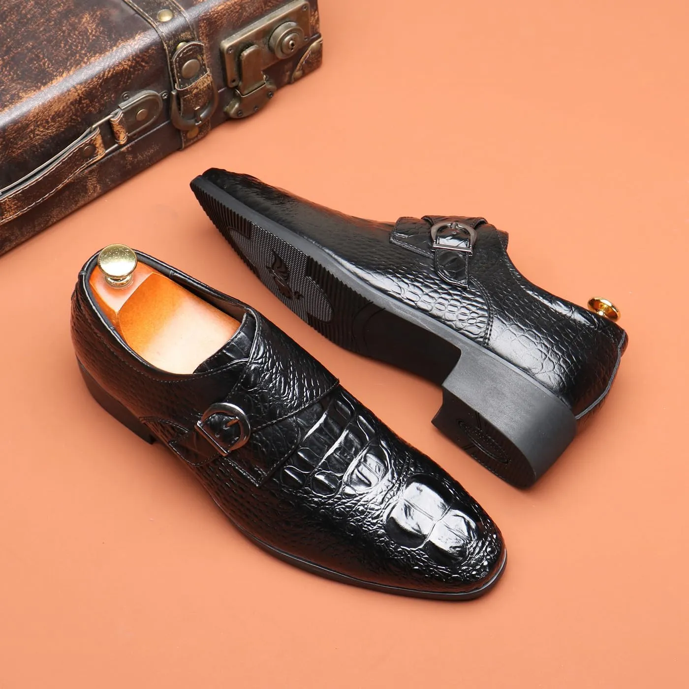 Santimon Men's Alligator Pattern Leather Buckle Monk Strap Loafers Formal Dress Shoes for Men