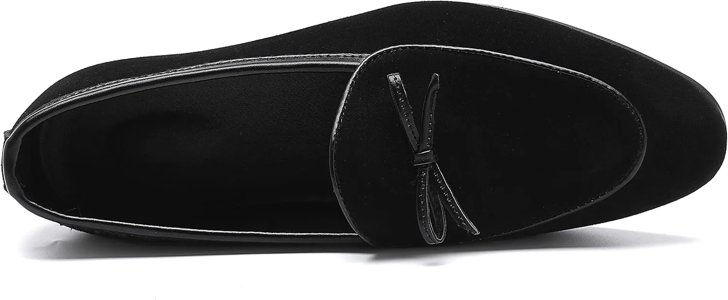 Santimon Mens Dress Shoes Smoking Slippers Casual Bow Slip-on Suede Flats Penny-Loafers Black Brown Tan