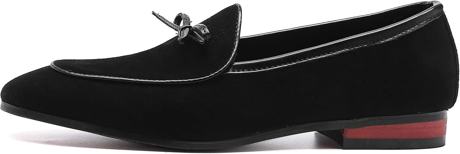 Santimon Mens Dress Shoes Smoking Slippers Casual Bow Slip-on Suede Flats Penny-Loafers Black Brown Tan