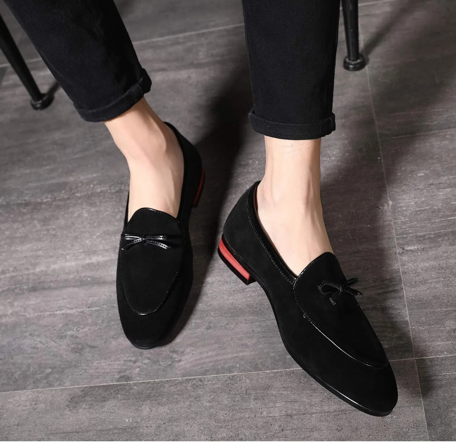 Santimon Mens Dress Shoes Smoking Slippers Casual Bow Slip-on Suede Flats Penny-Loafers Black Brown Tan