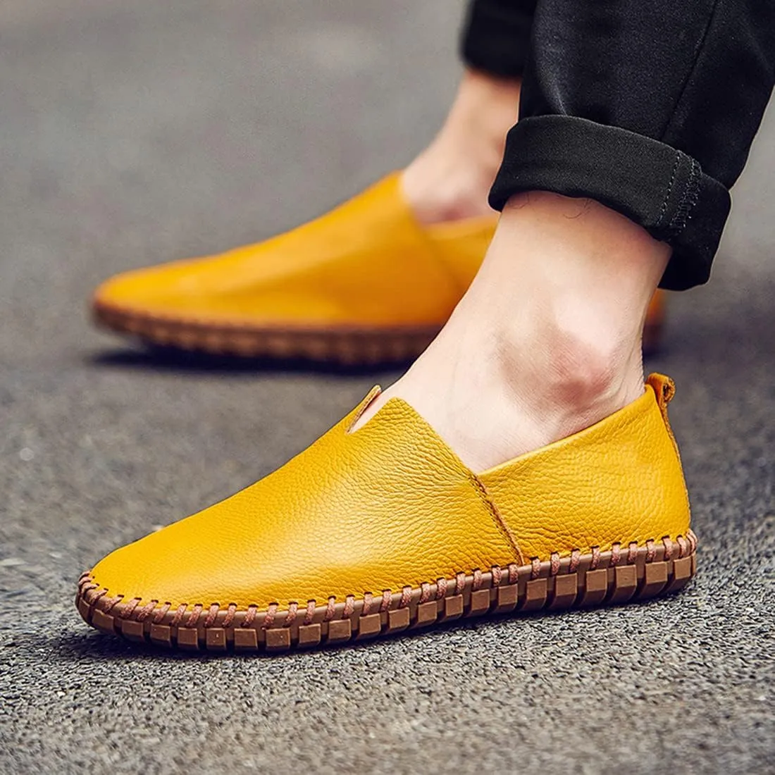 Santimon Men's Leather Espadrille Slip-On Plain Toe Casual Dress Loafer Shoes