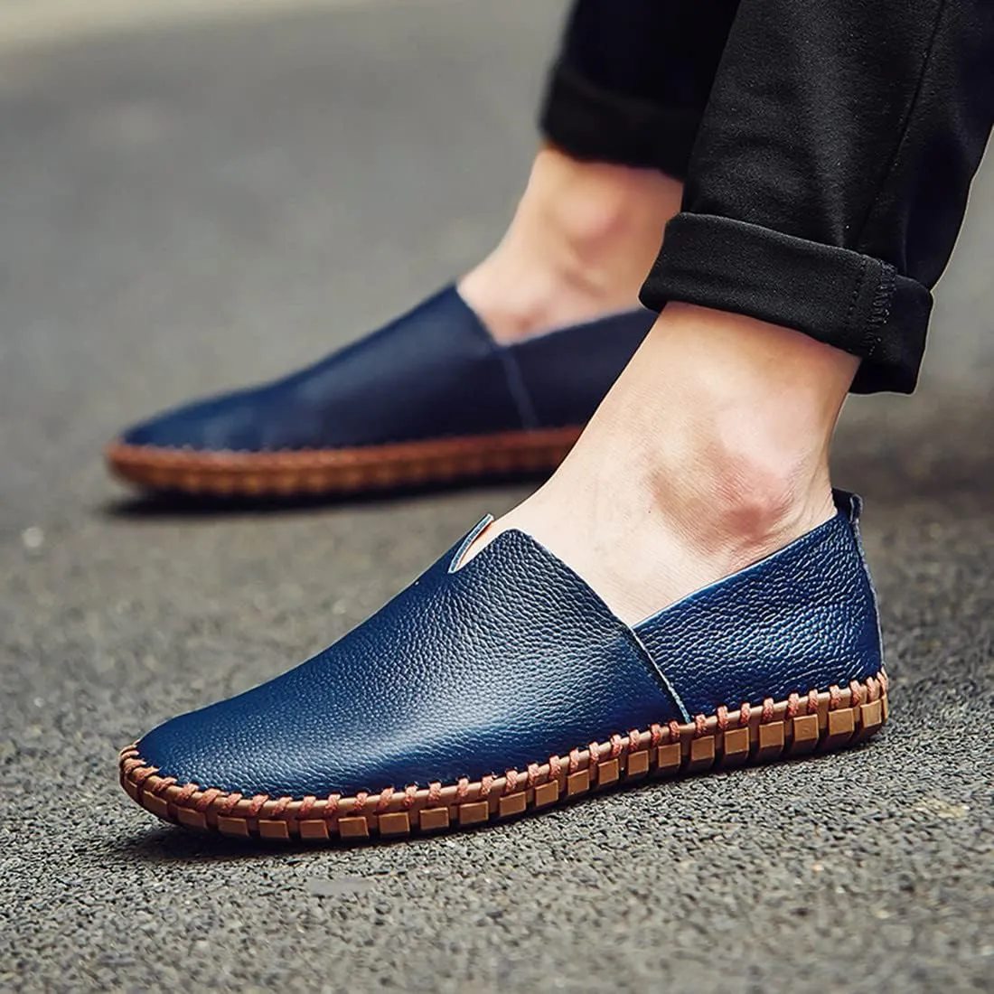 Santimon Men's Leather Espadrille Slip-On Plain Toe Casual Dress Loafer Shoes