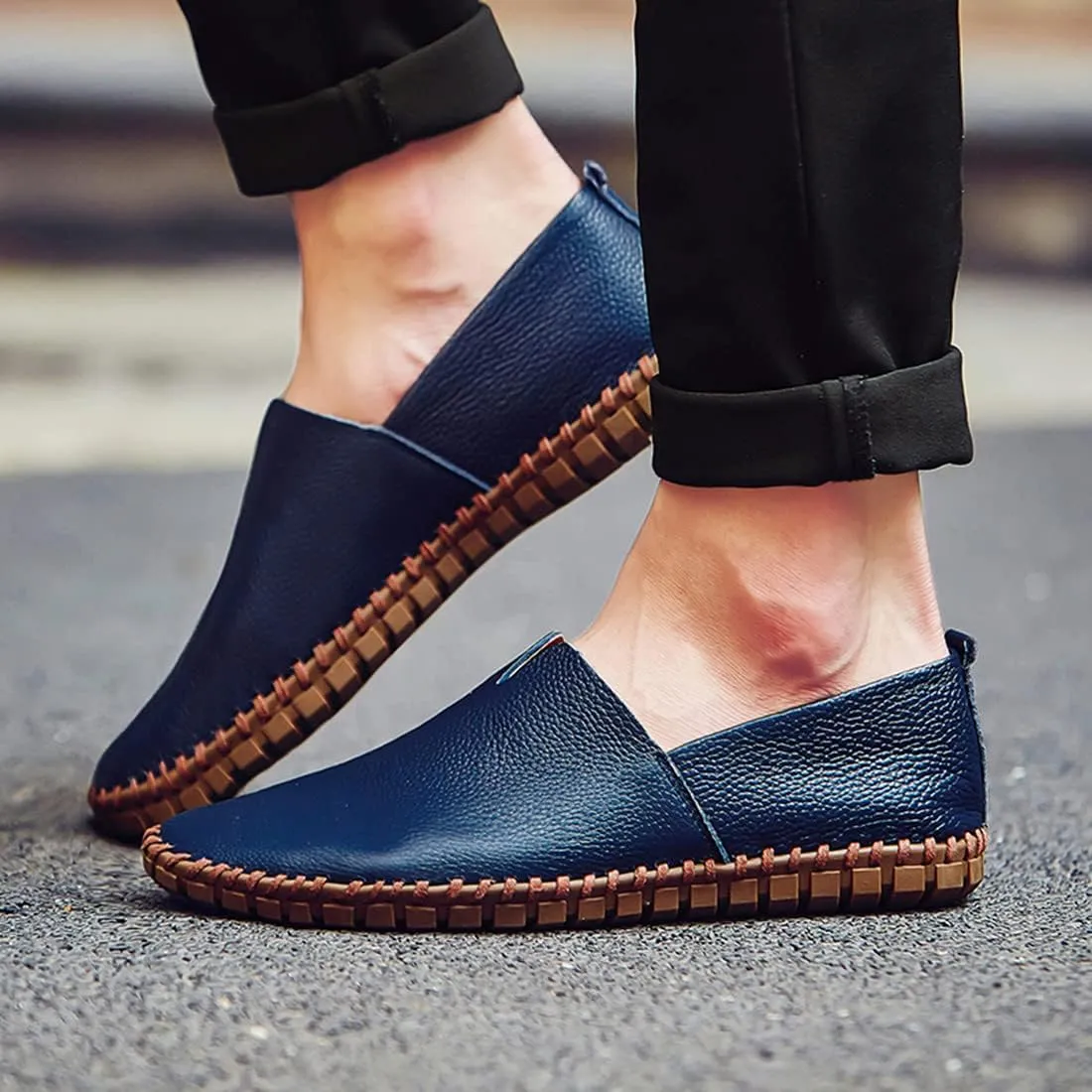 Santimon Men's Leather Espadrille Slip-On Plain Toe Casual Dress Loafer Shoes