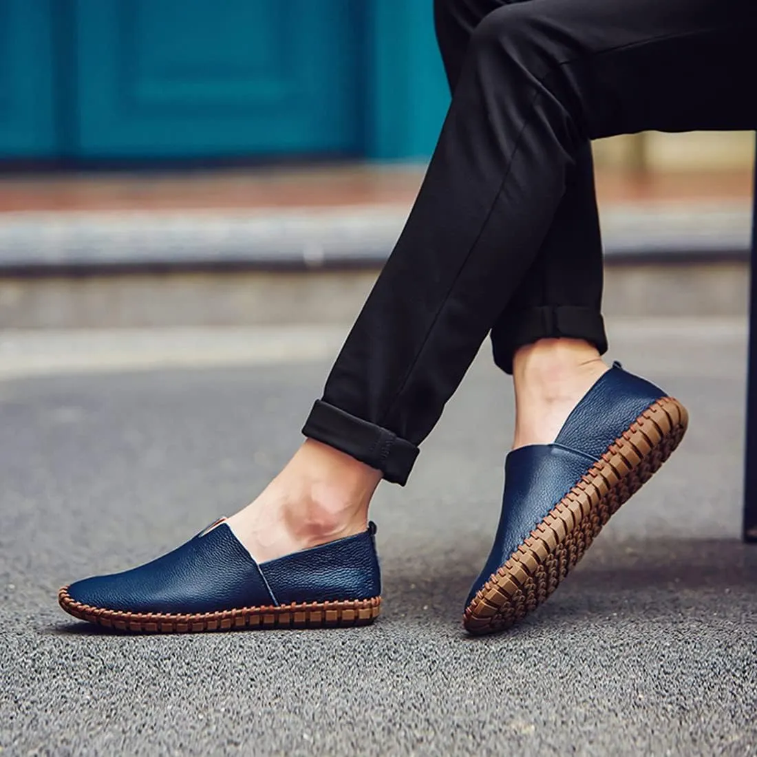 Santimon Men's Leather Espadrille Slip-On Plain Toe Casual Dress Loafer Shoes