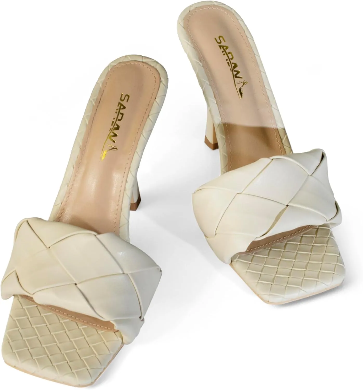 sarawill Women's Braided Heeled Sandals High Heel Slides Open Square Toe Stilettos Heeled Mules Slip On Summer Heel Sexy Party Dress Shoes for Ladies