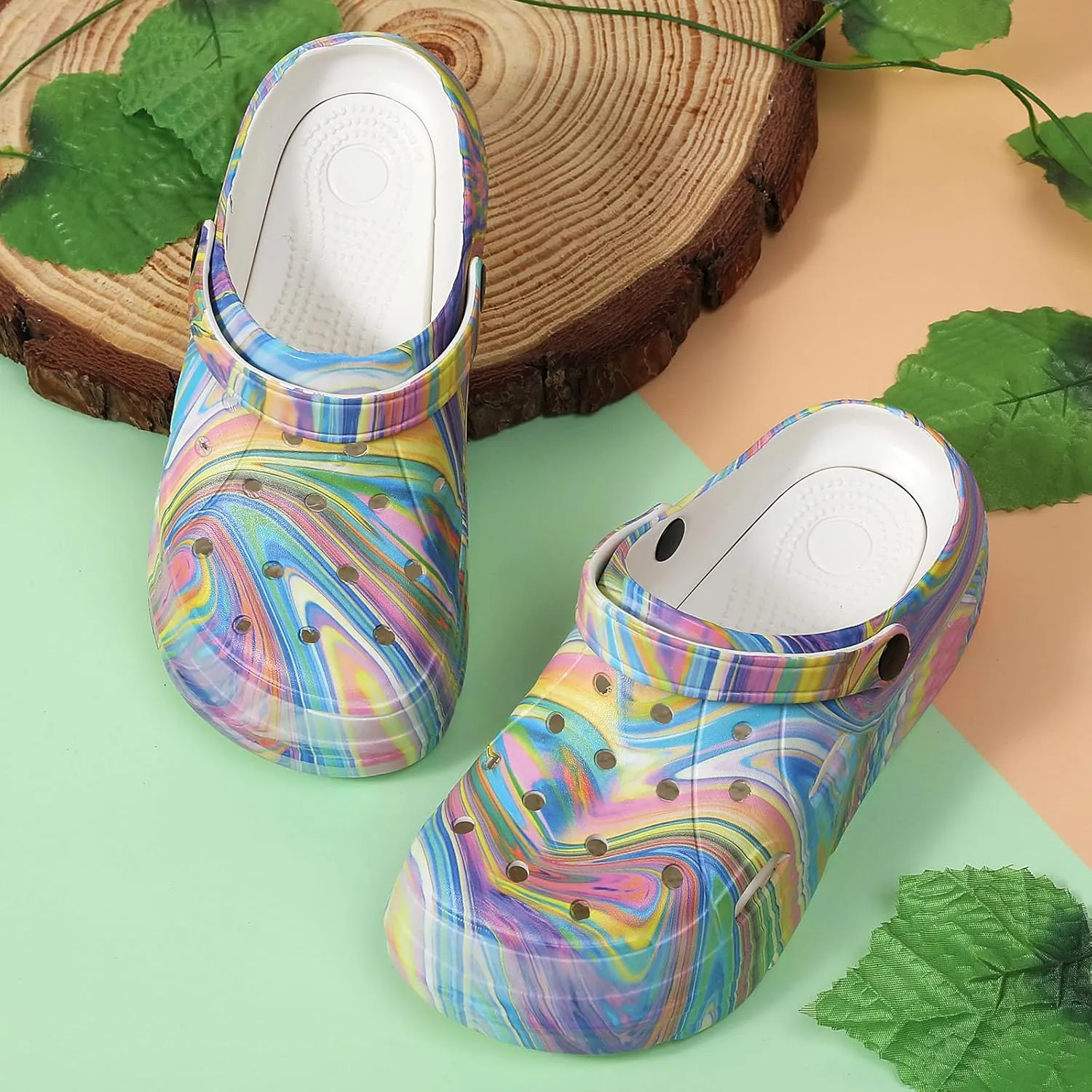SECHRITE Womens Platform Graphic Clogs Garden Shoes Slip On Sandals Water Beach Outdoor Slippers Shoes with Removable Insole