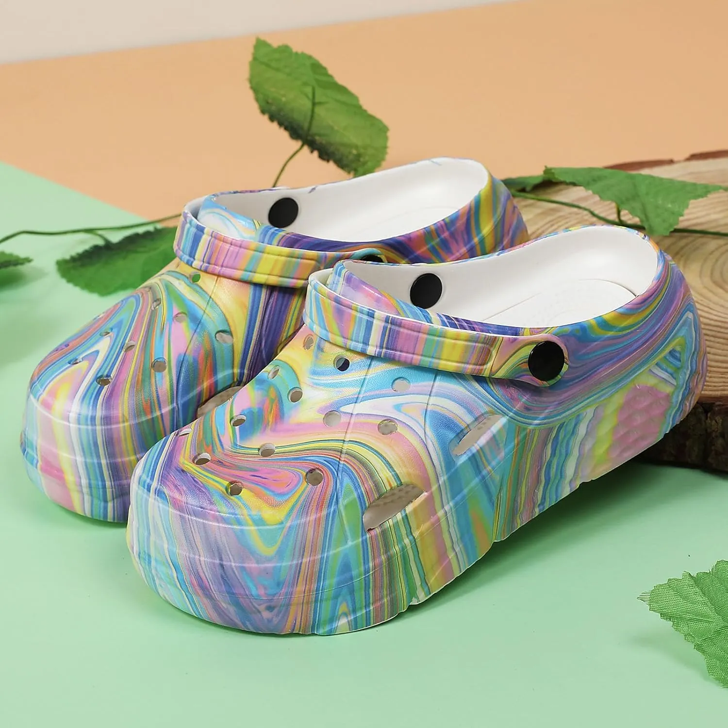 SECHRITE Womens Platform Graphic Clogs Garden Shoes Slip On Sandals Water Beach Outdoor Slippers Shoes with Removable Insole
