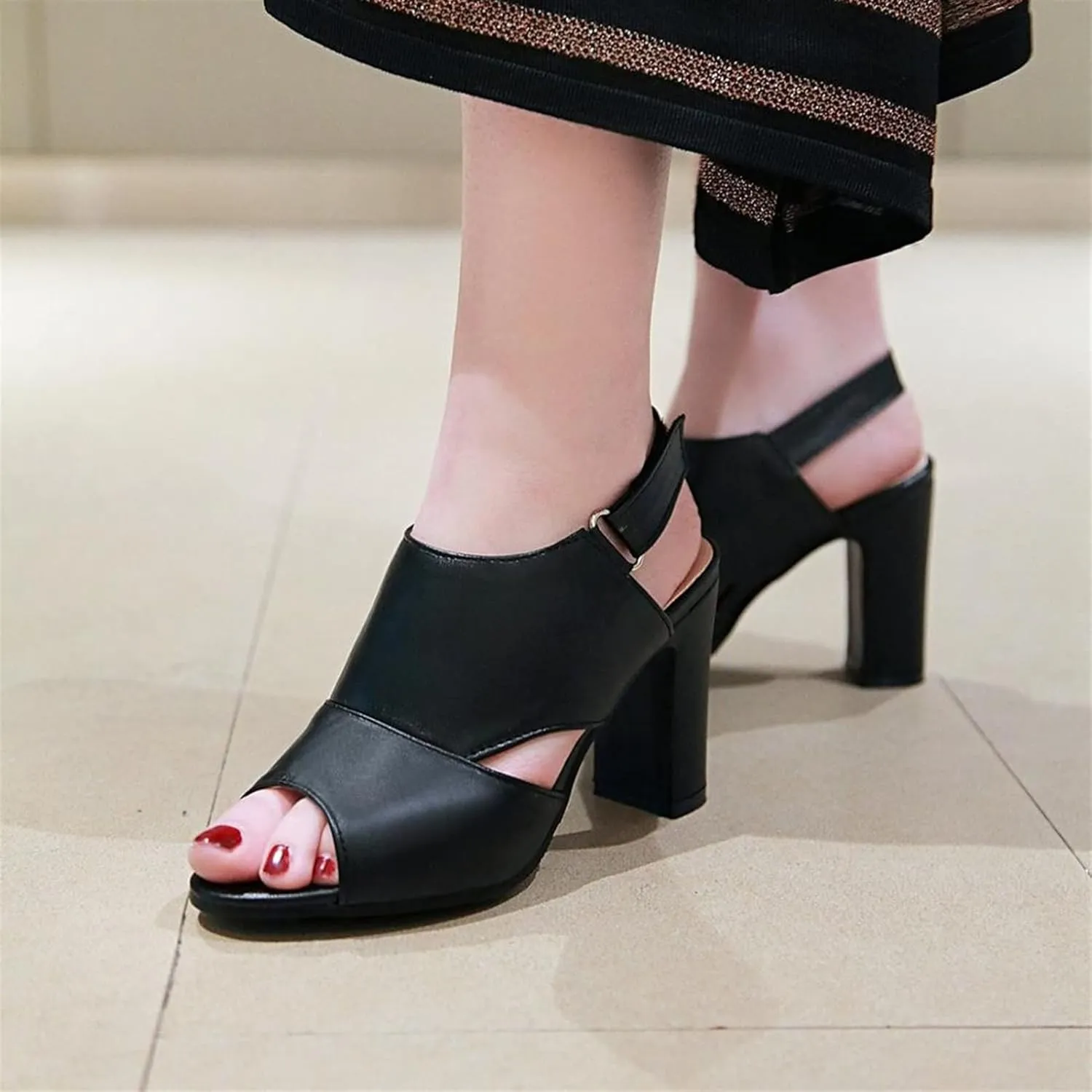 Sexy Fish Mouth Chunky Heel Sandal Fashion Plus Size High Heels Elegant Office Dress Shoes Casual Outdoor Wedding Party Sandal (Color : Black, Shoe Size : 9)
