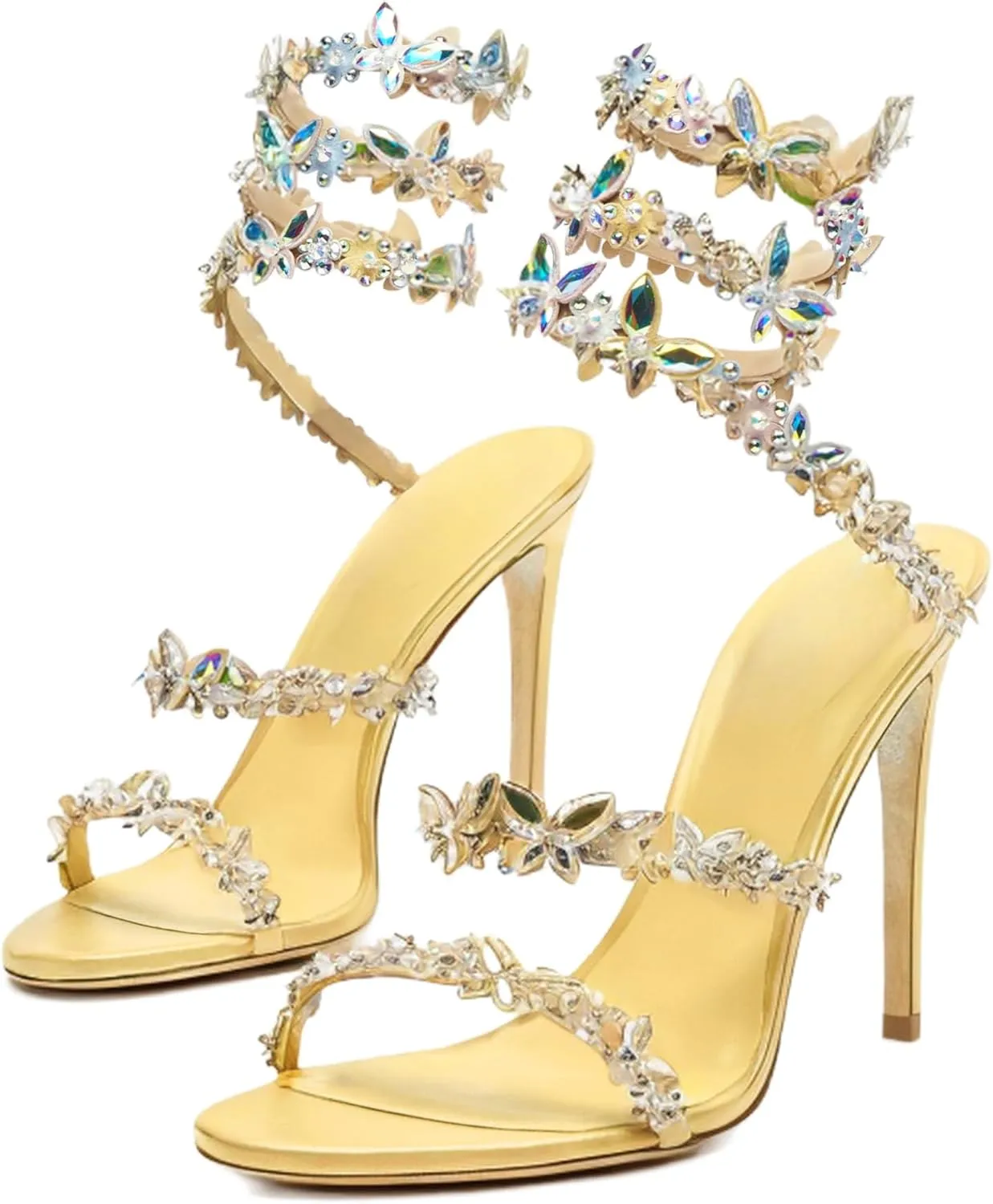 sexytag Rhinestone Butterfly Bow Heels Wrap Up Stiletto High Heels Open Toe Sandals Wedding Prom Heels