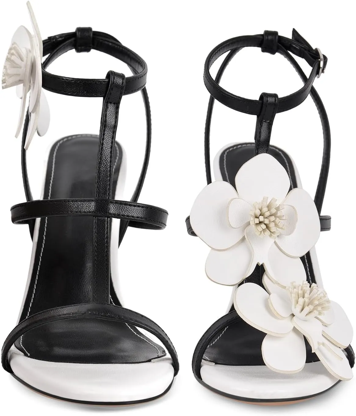 sexytag Women's Black White Floral High Heel Sandals Strappy Stiletto Heels with 3D Flower Party Wedding Dressy Summer Shoes
