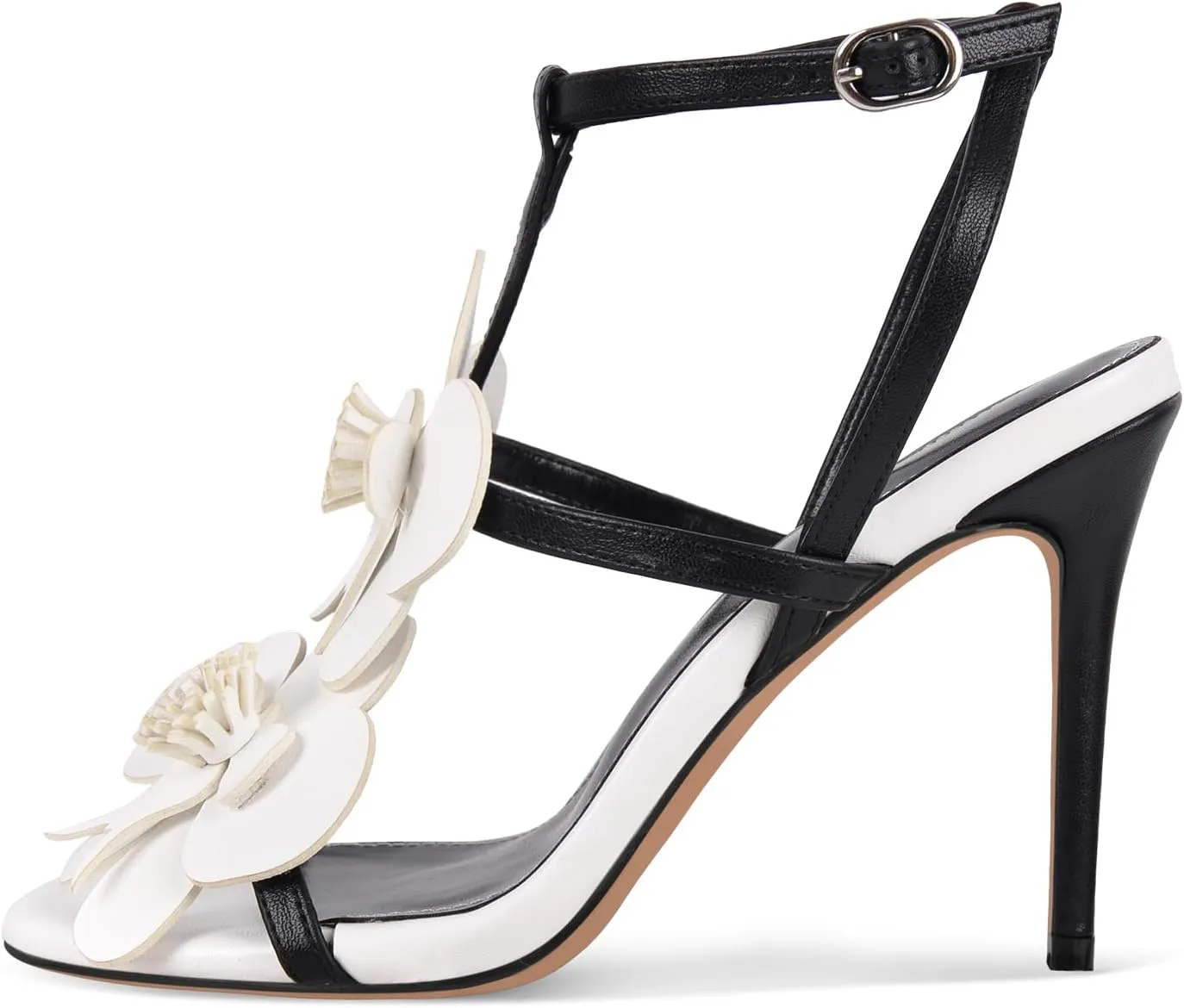 sexytag Women's Black White Floral High Heel Sandals Strappy Stiletto Heels with 3D Flower Party Wedding Dressy Summer Shoes