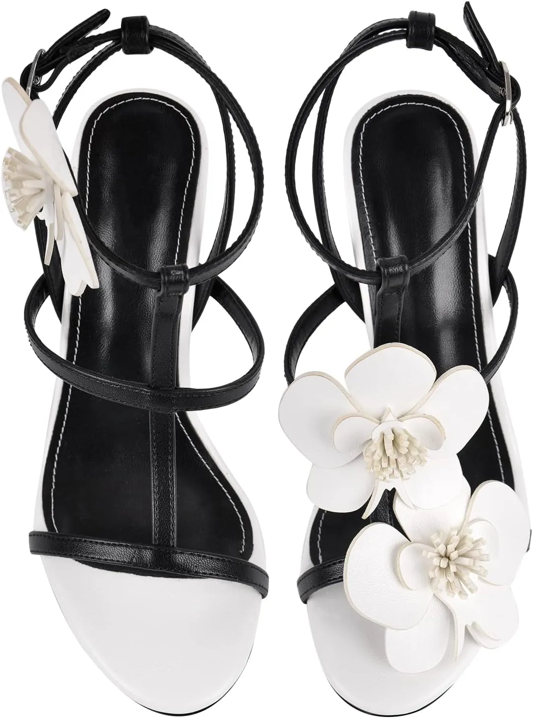 sexytag Women's Black White Floral High Heel Sandals Strappy Stiletto Heels with 3D Flower Party Wedding Dressy Summer Shoes
