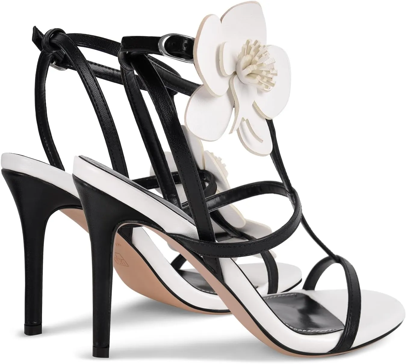 sexytag Women's Black White Floral High Heel Sandals Strappy Stiletto Heels with 3D Flower Party Wedding Dressy Summer Shoes