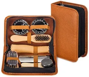 Shoe Shine Kit with PU Leather Sleek Elegant Case, 7-Piece Travel Shoe Shine Brush kit