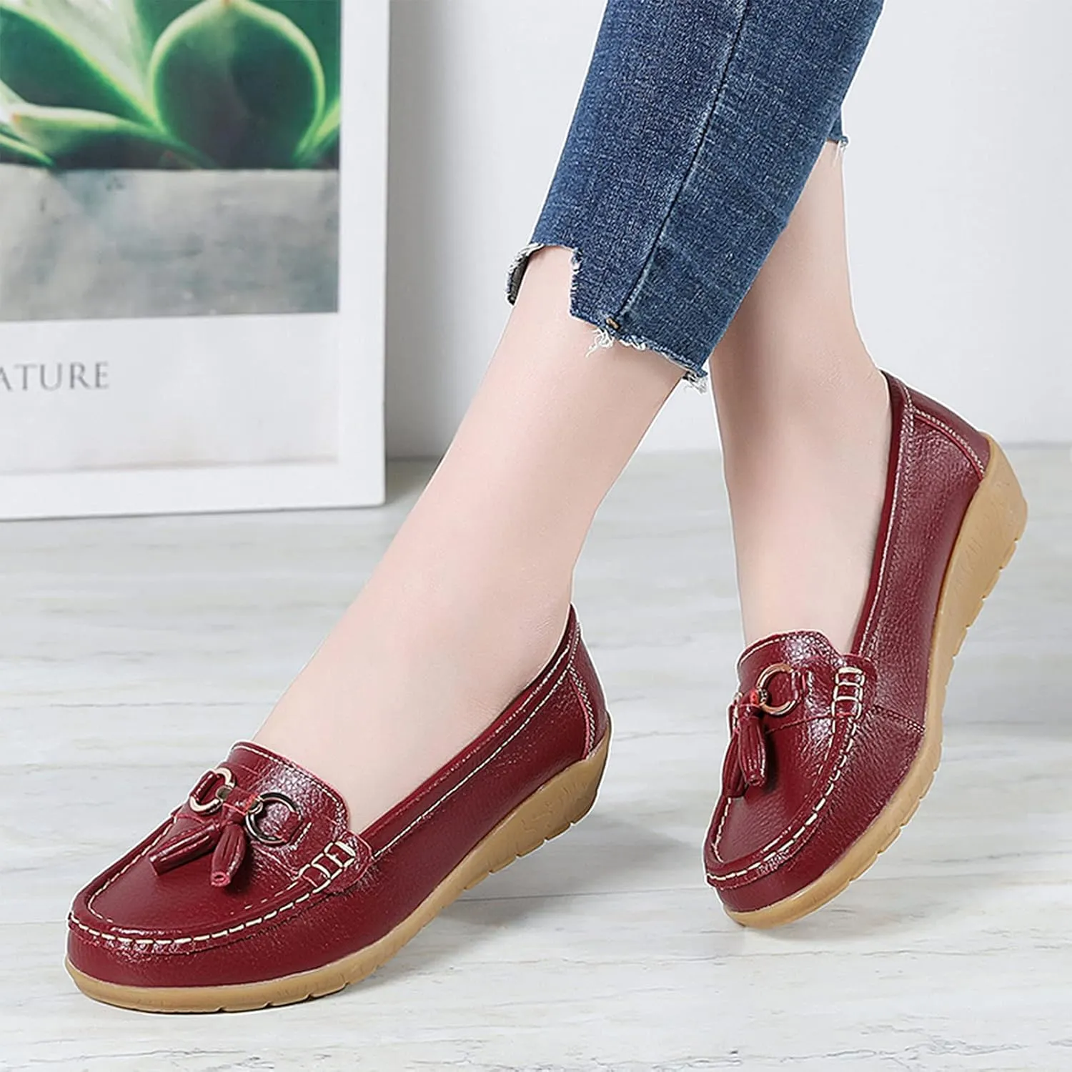 Shoes Loafers for Women Classic Leather Loafers Casual Slip-On Boat Shoes ComfortWalking Moccasins Soft Sole Shoes