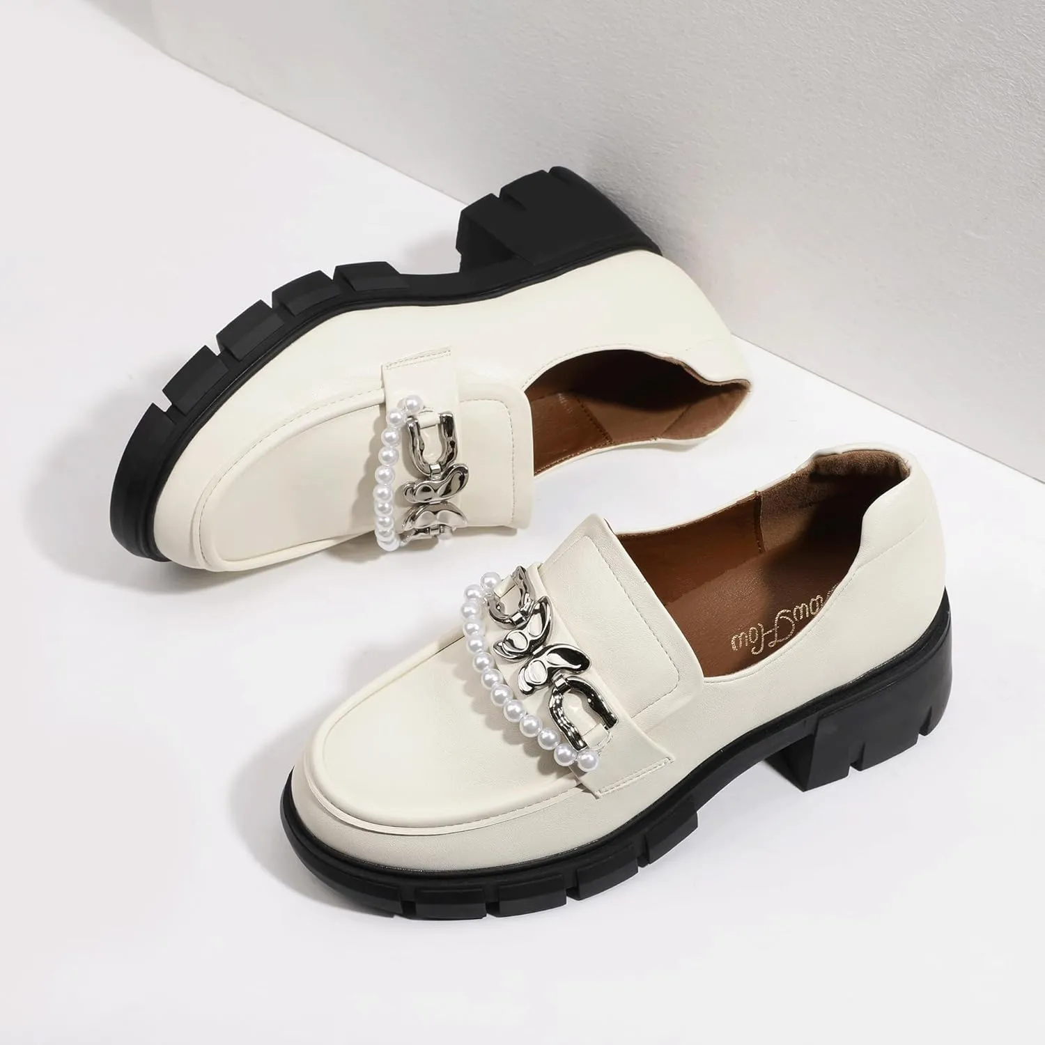 ShowHow Women's Chunky Loafers Platform Slip On Loafers Round Toe Lug Sole Loafers Business Casual Shoes for Women