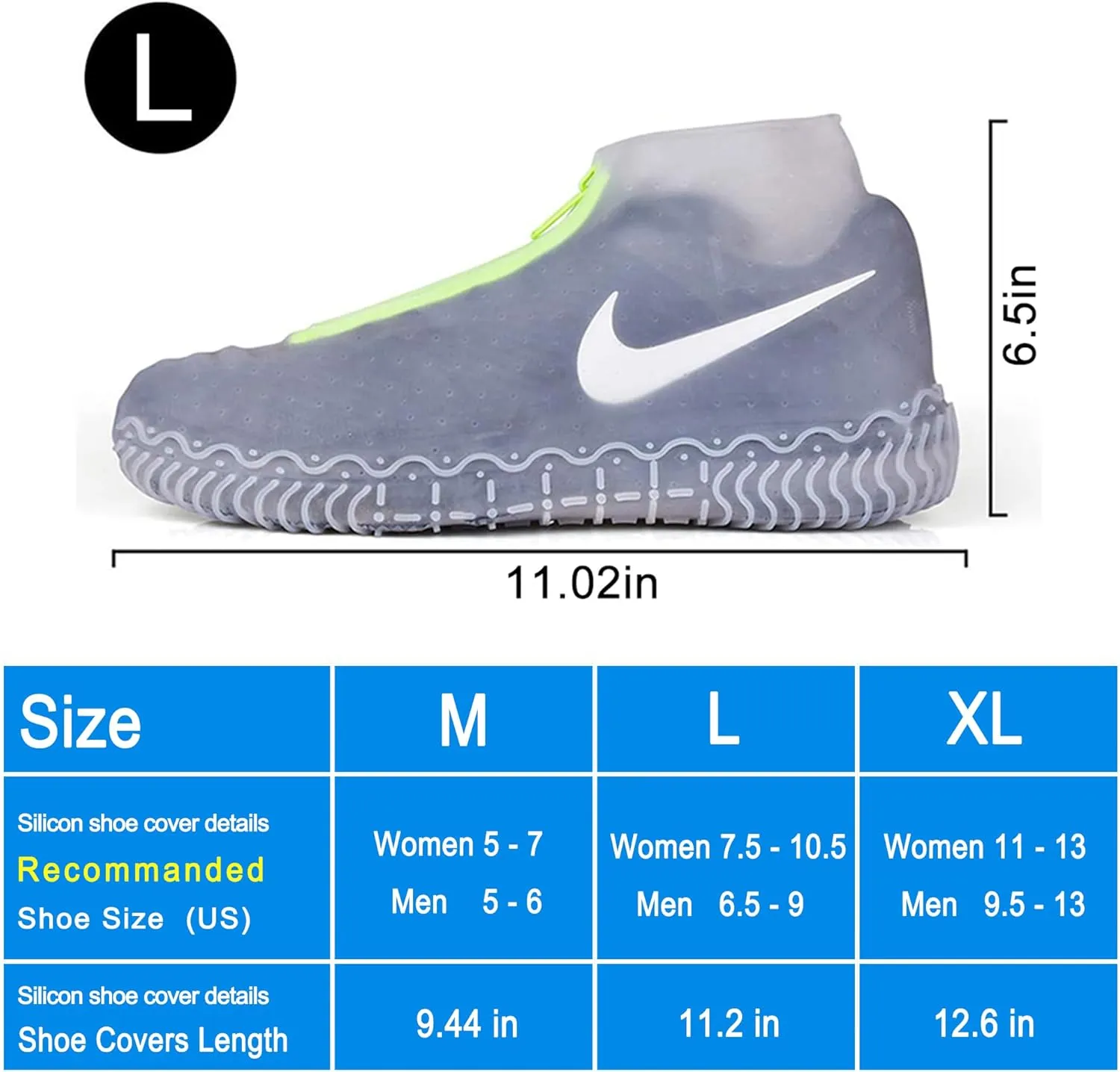 Silicone Waterproof Shoe Covers, reusable upgraded overshoes with waterproof zipper, Resistant Rain Boots Non-Slip Washable Protection for Women, Men (L (Women 7.5-10.5, Men 6.5-9), White)
