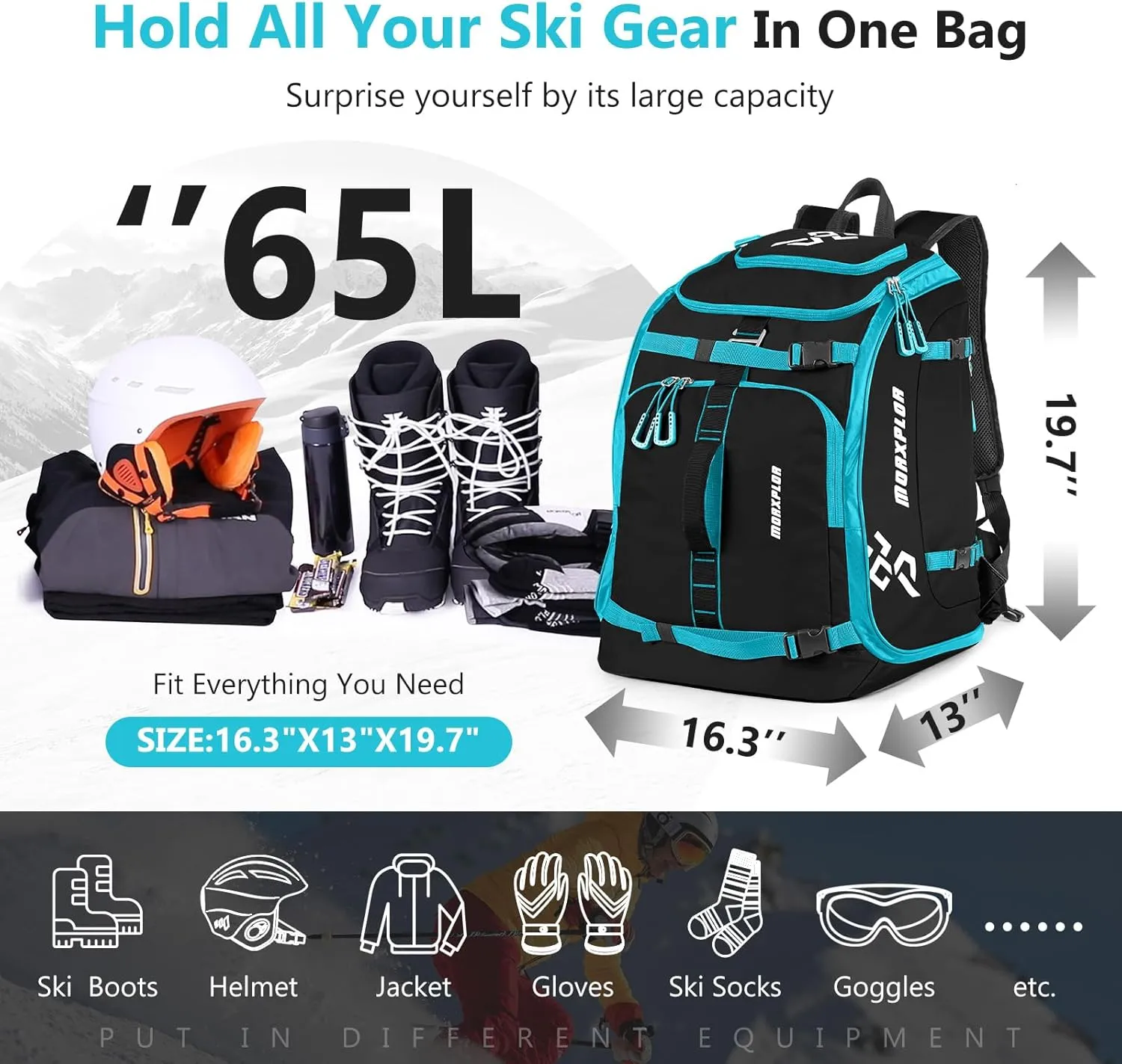 Ski Boot Bag - 65L Padded, Waterproof Ski Travel Backpack for Gear & Accessories