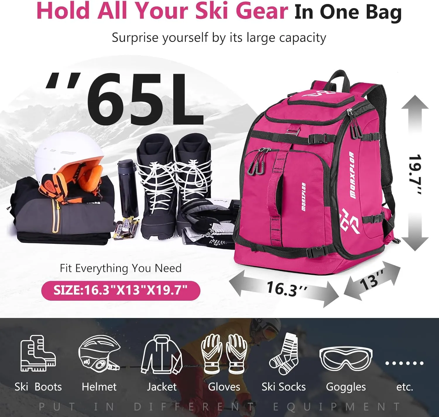 Ski Boot Bag - 65L Padded, Waterproof Ski Travel Backpack for Gear & Accessories