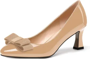 SKYSTERRY Women's Casual Round Toe Patent Bow Slip On Wedding Spool Mid Heel Pumps Shoes 2.5 Inch
