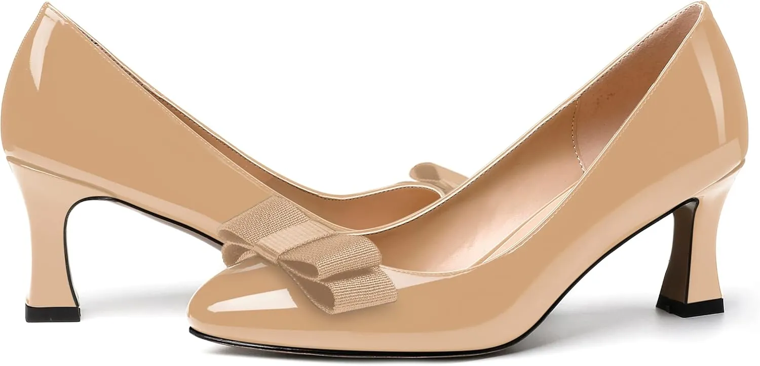 SKYSTERRY Women's Casual Round Toe Patent Bow Slip On Wedding Spool Mid Heel Pumps Shoes 2.5 Inch