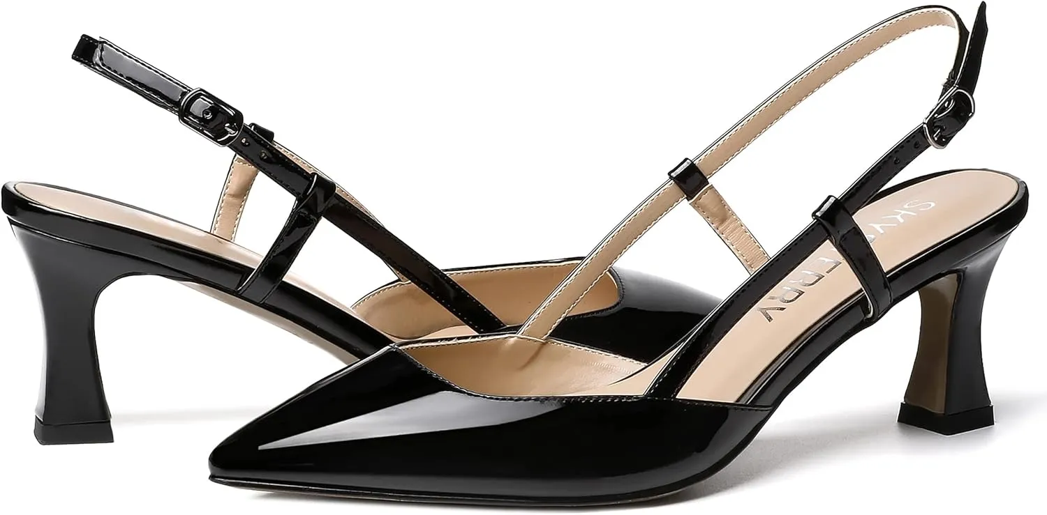 SKYSTERRY Women's Slip On Patent Pointed Toe Slingback Casual Dating Spool Mid Heel Pumps Shoes 2.5 Inch