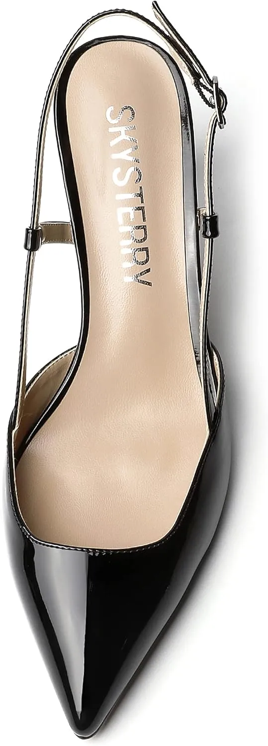 SKYSTERRY Women's Slip On Patent Pointed Toe Slingback Casual Dating Spool Mid Heel Pumps Shoes 2.5 Inch