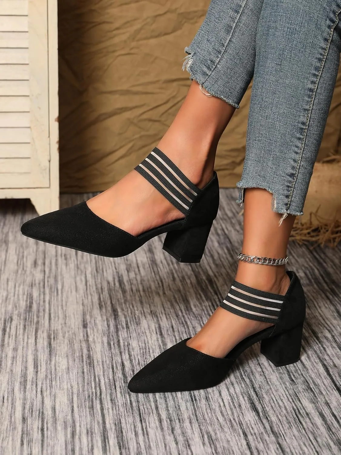 Slip-on Pointy Toe Dress Pumps for Women Suede Chunky Heels with Elastic Strap Women's Comfortable D'Orsay Low Block Pump Shoes for Wedding Party Business 2.4"