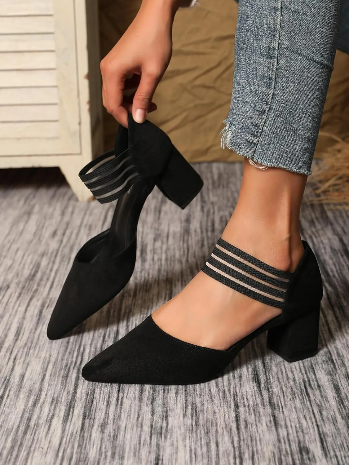 Slip-on Pointy Toe Dress Pumps for Women Suede Chunky Heels with Elastic Strap Women's Comfortable D'Orsay Low Block Pump Shoes for Wedding Party Business 2.4"