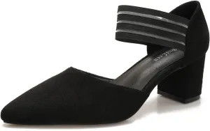 Slip-on Pointy Toe Dress Pumps for Women Suede Chunky Heels with Elastic Strap Women's Comfortable D'Orsay Low Block Pump Shoes for Wedding Party Business 2.4"