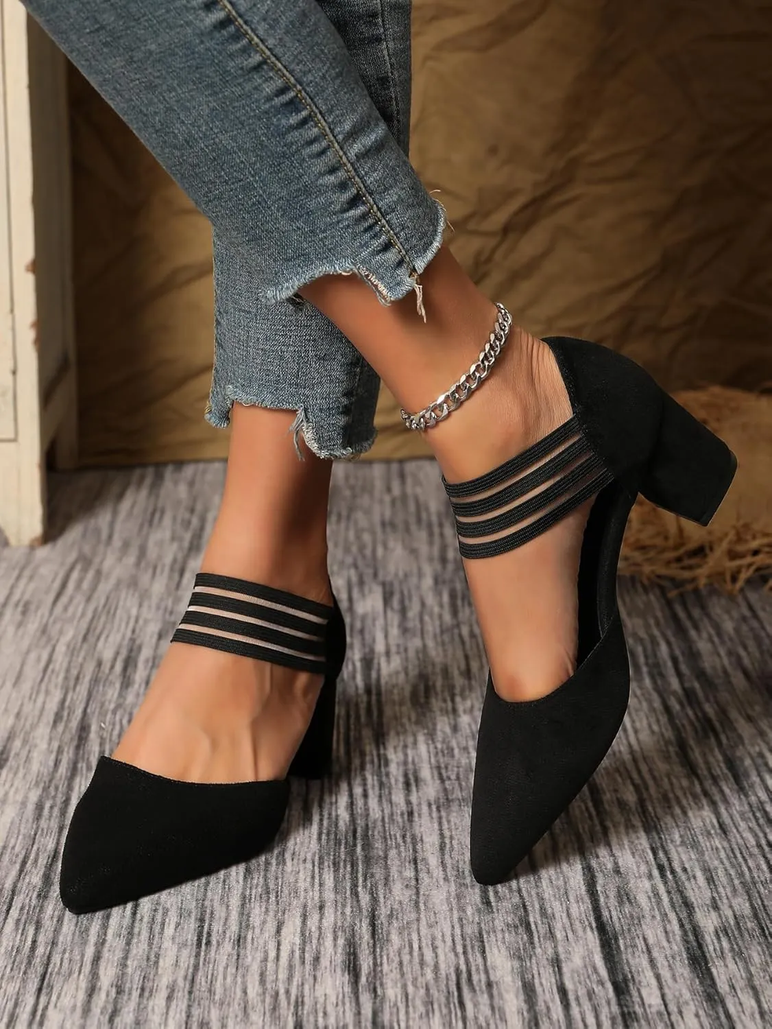 Slip-on Pointy Toe Dress Pumps for Women Suede Chunky Heels with Elastic Strap Women's Comfortable D'Orsay Low Block Pump Shoes for Wedding Party Business 2.4"