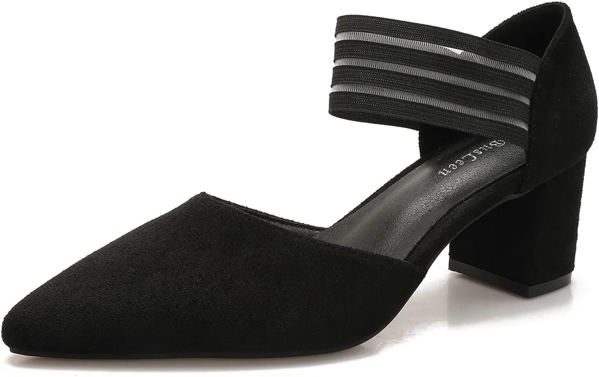 Slip-on Pointy Toe Dress Pumps for Women Suede Chunky Heels with Elastic Strap Women's Comfortable D'Orsay Low Block Pump Shoes for Wedding Party Business 2.4"