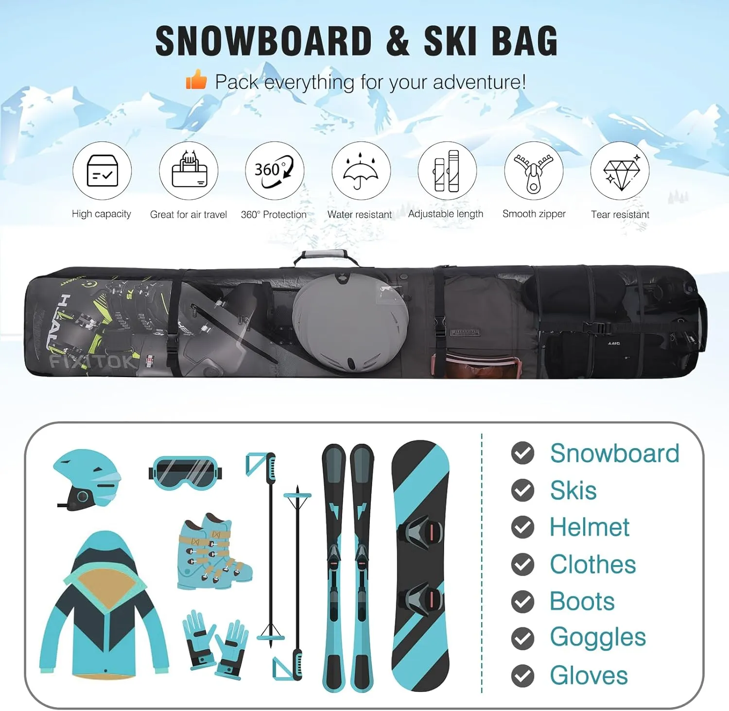 Snowboard & Ski Bag for Air Travel, Waterproof Full Padded Snowboard Bag Fit Board, Boots, Clothes, Helmet and Gear, Adjustable Length Ski Bag(157CM-181CM)