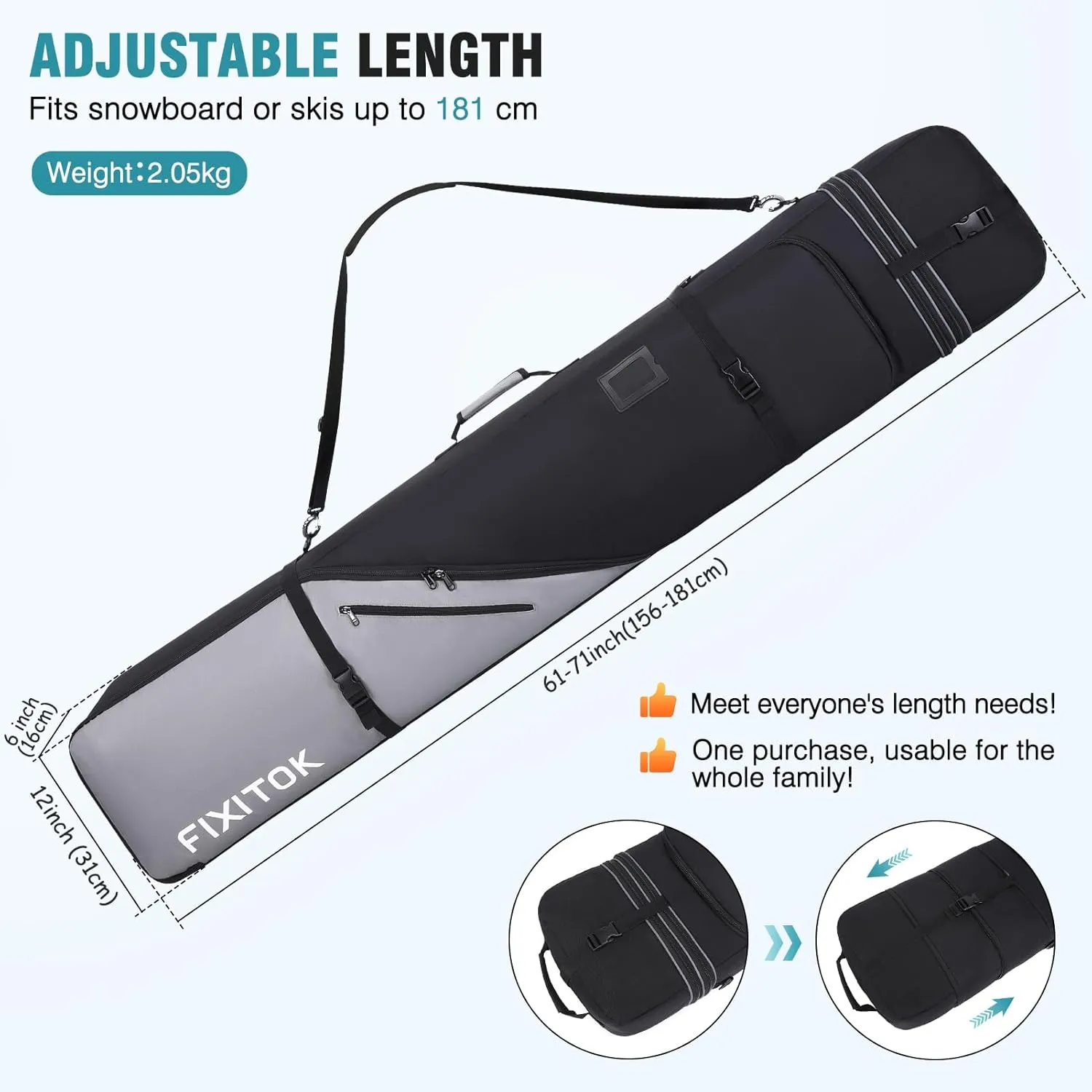 Snowboard & Ski Bag for Air Travel, Waterproof Full Padded Snowboard Bag Fit Board, Boots, Clothes, Helmet and Gear, Adjustable Length Ski Bag(157CM-181CM)
