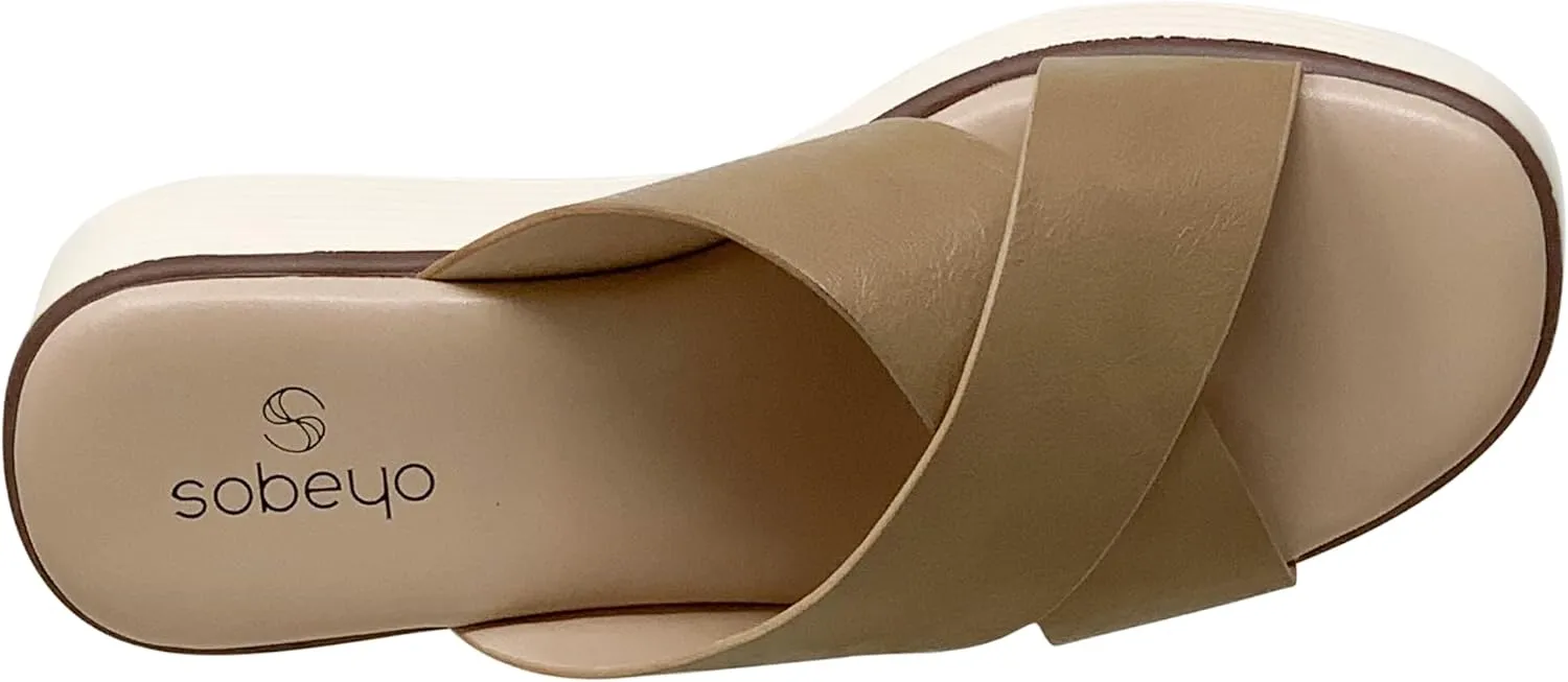 SOBEYO Women's Criss Cross Platform Sandals Striped Sole Accent Cushioned Slip On Slides