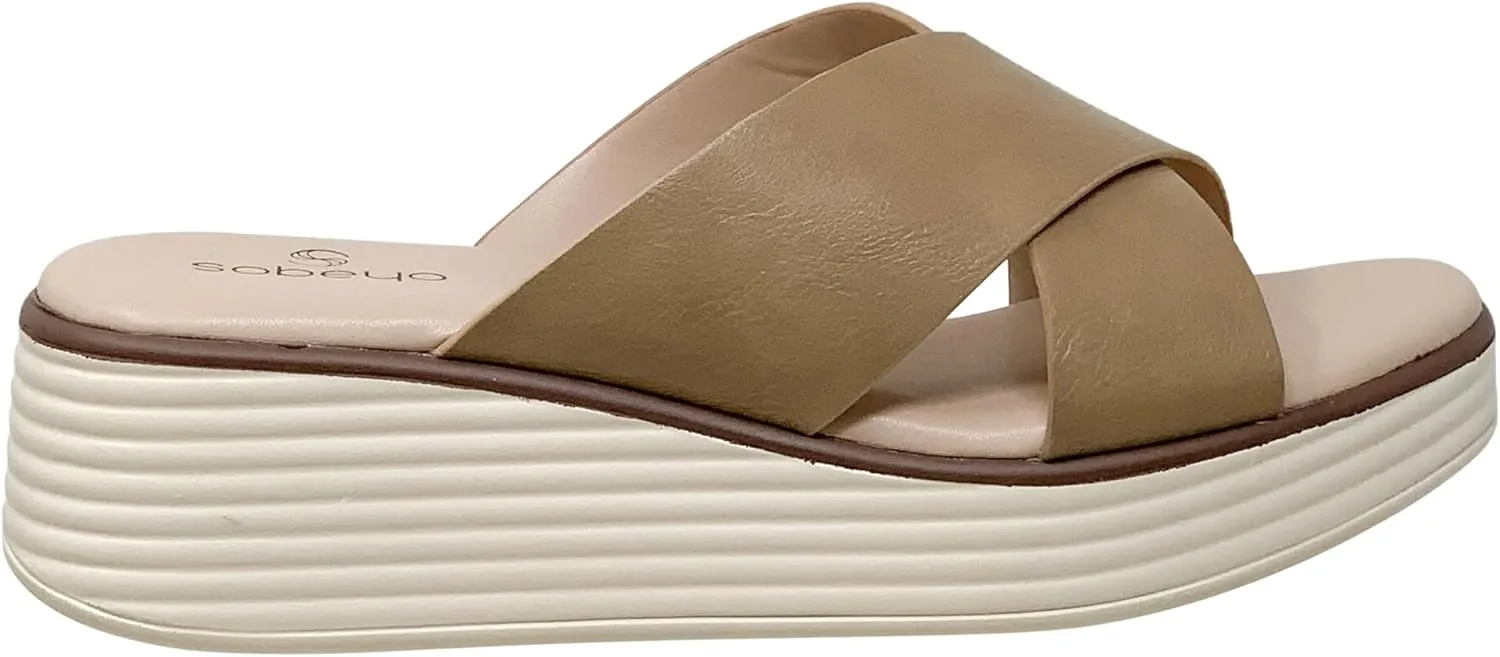 SOBEYO Women's Criss Cross Platform Sandals Striped Sole Accent Cushioned Slip On Slides