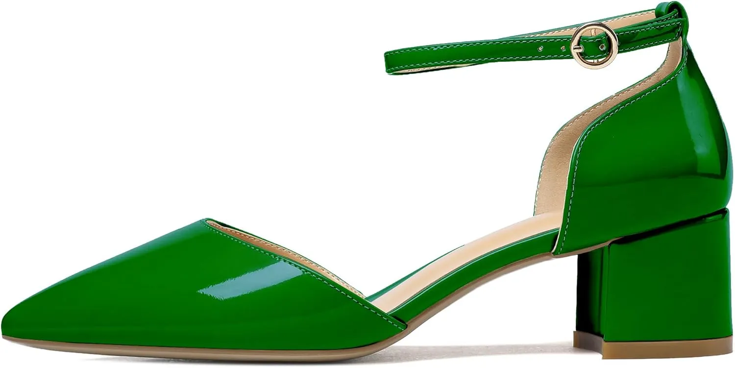 Soireelady Women's Ankle Strap Pumps D‘Orsay Mid Block Chunky Heels 2Inch Close Toe Dress Wedding Comfort Shoes