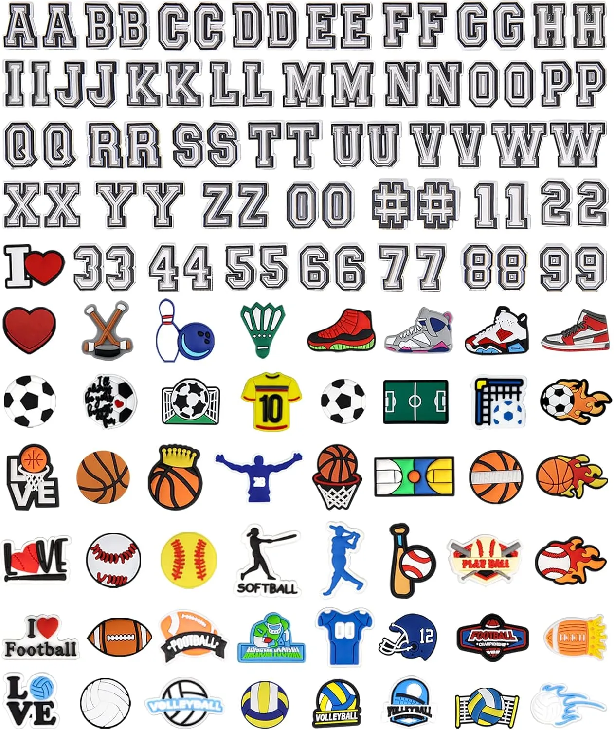 Sports Letters Numbers Charms for Clog Shoe Decoration, Basketball Baseball Hockey Lacrosse Softball Soccer Football Volleyball Sneakers Charm Gift for Boys Girls Kids Teens and Adults