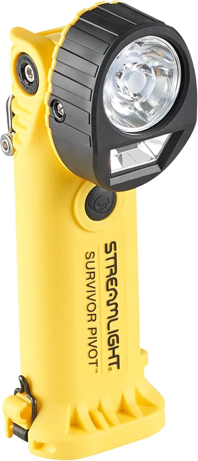 Streamlight 91812 Survivor Pivot 325-Lumen Right Angle Articulating Dual Beam Rechargeable Flashlight with 120V/100V AC/12V DC and Clip, Yellow