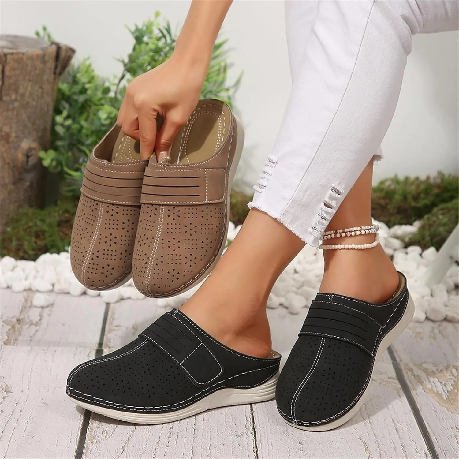 Summer Clogs for Women Comfortable Arch Support Closed Toe Clogs Casual Non Slip Orthopedic Slippers Breathable Mesh Walking Mules Backless Low Wedge Slip on Shoes