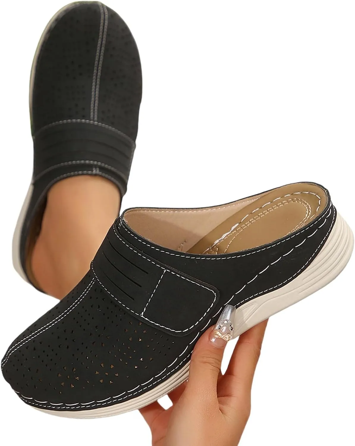 Summer Clogs for Women Comfortable Arch Support Closed Toe Clogs Casual Non Slip Orthopedic Slippers Breathable Mesh Walking Mules Backless Low Wedge Slip on Shoes