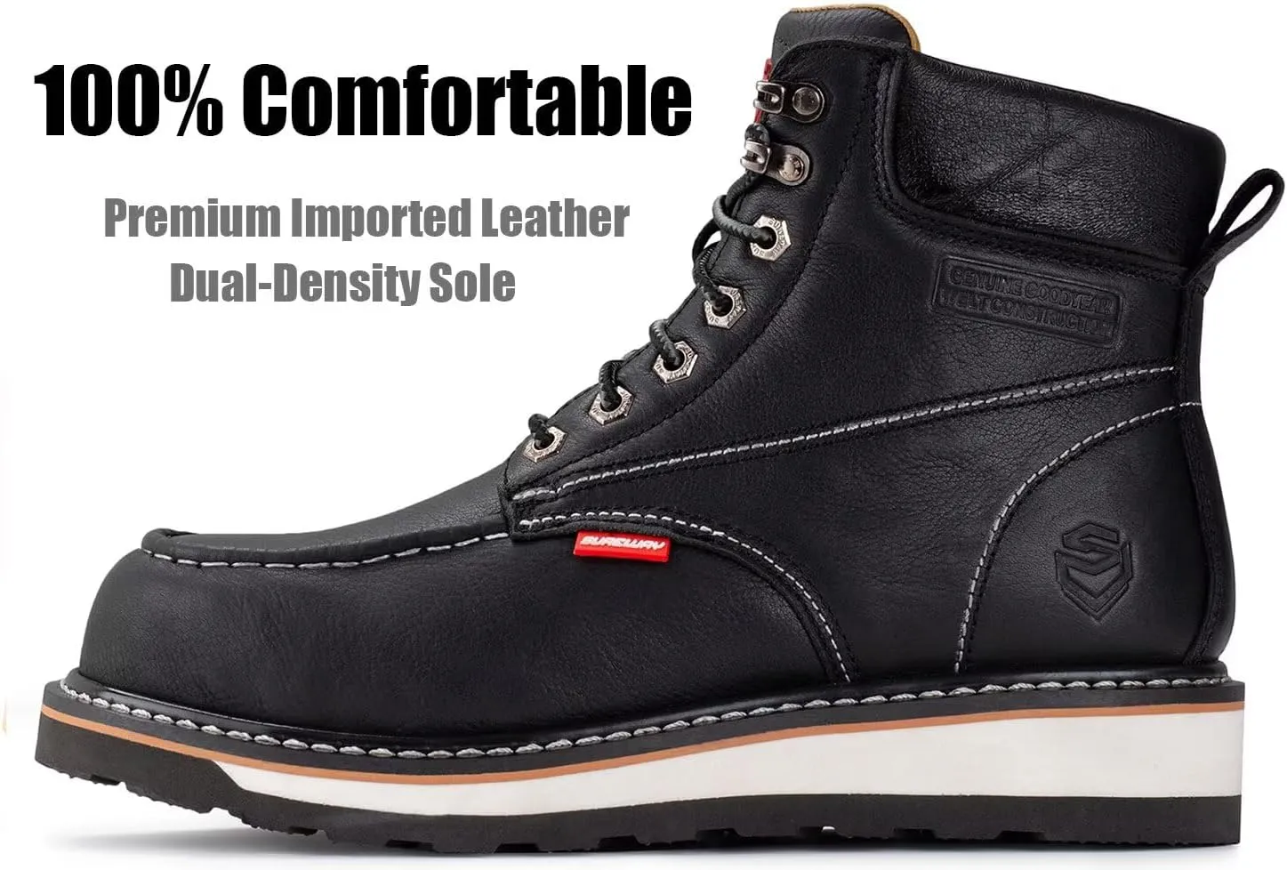 SUREWAY 6” Mens Heavy Duty Steel/Composite/Soft Toe Work Boots for Men,Comfortable & Durable,Goodyear Welt,Full Grain Leather,Oil/Slip Resistant,Wedge Moc Toe Industrial Construction Boots/Shoes